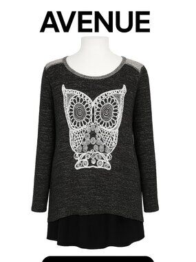 Avenue Owl Sweater Size 18/20 Women's Plus Charcoal Gray Cream Black